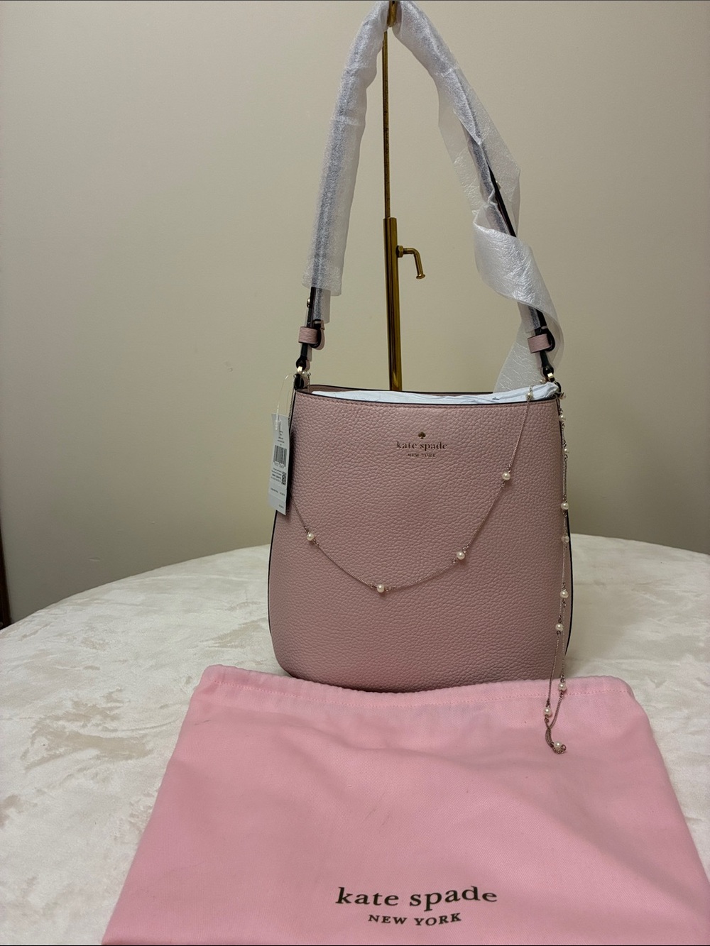 Kate Spade Bucket Bag In Rose Smoke Pebbled Leather With Pearl Chain and Dustbag
